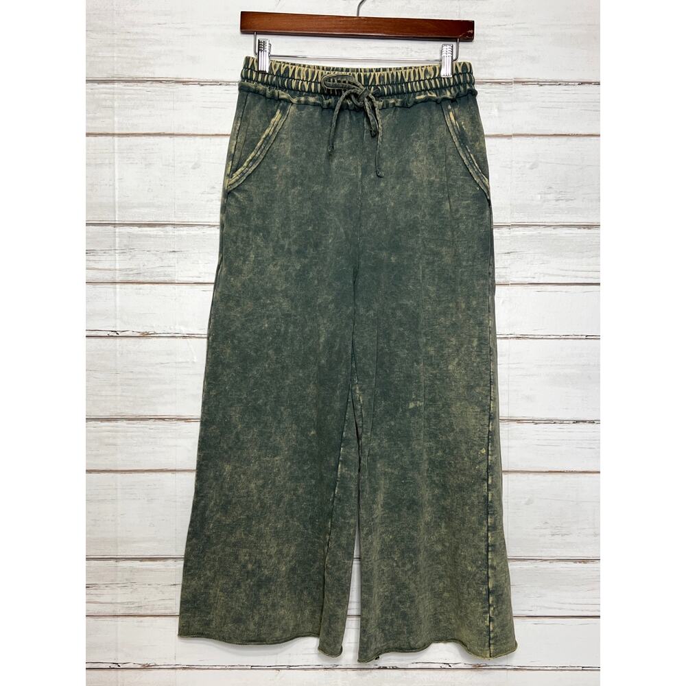 Zenana Acid Washed French Terry Palazzo Pants Small Olive Green Drawstring - Picture 2 of 10